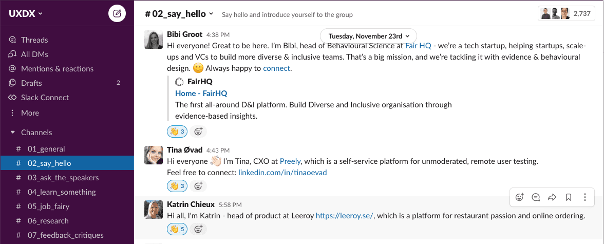 A screenshot of the #general channel in the UXDX slack channel.