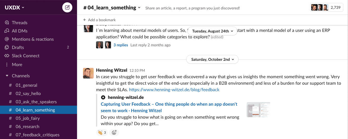 A screenshot of the #learnsomething channel in the UXDX slack channel.